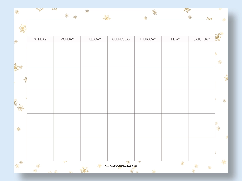 Undated Blank Calendar Printable with Golden Snowflakes