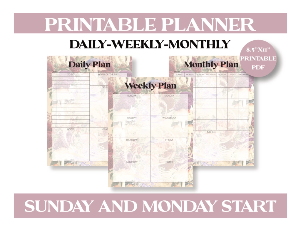 Printable planner pages with the words monthly daily and weekly on the top and mushrooms in the background