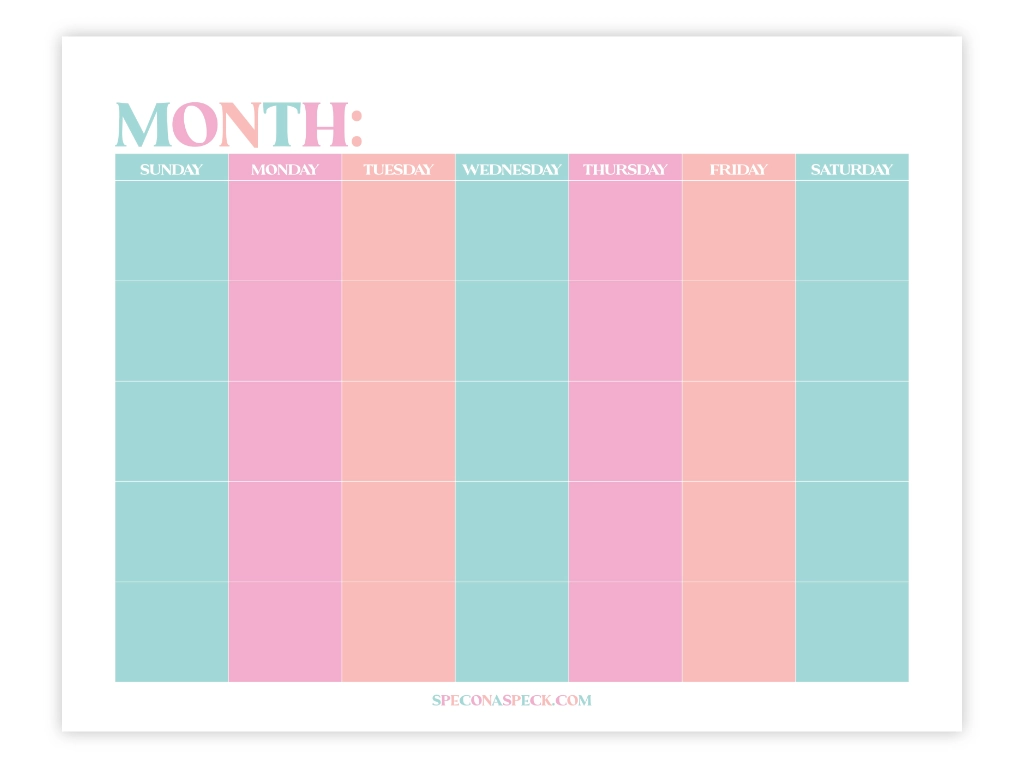 blank calendar printables with green pink and orange cells