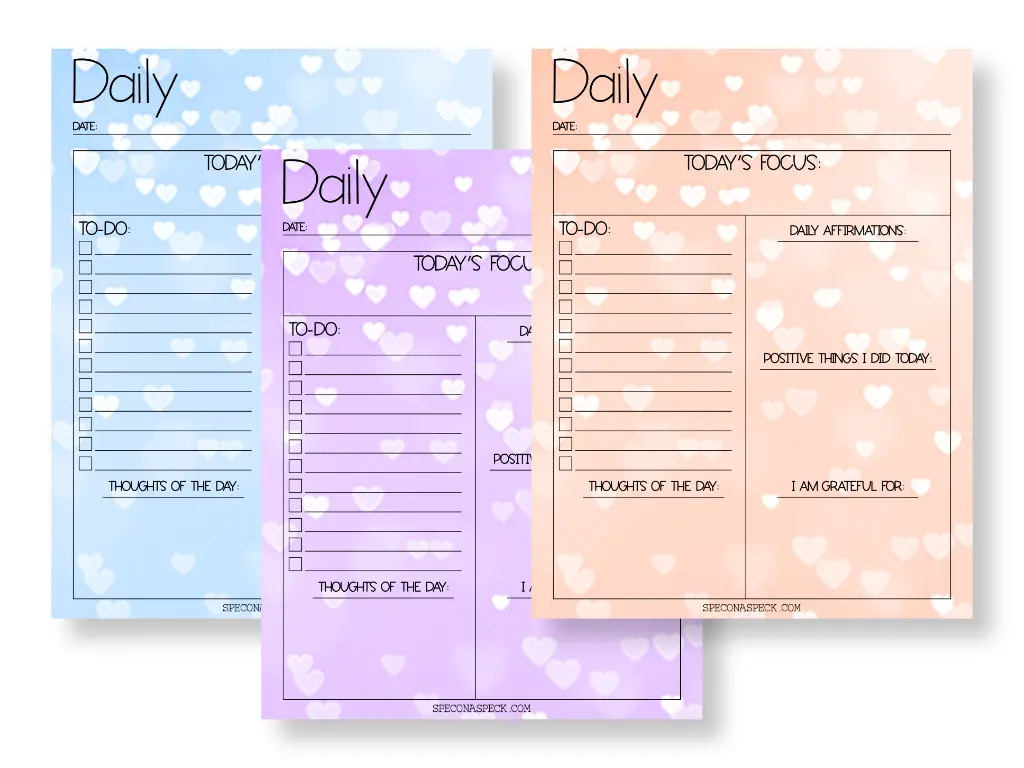 Daily goodnotes templates with hearts and color backgrounds of blue orange and purple