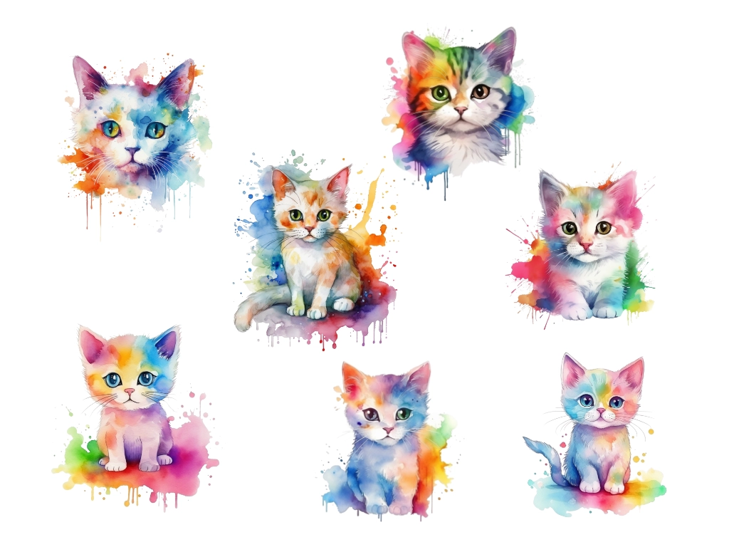 7 free watercolor cat clipart images on the page with rainbow colors