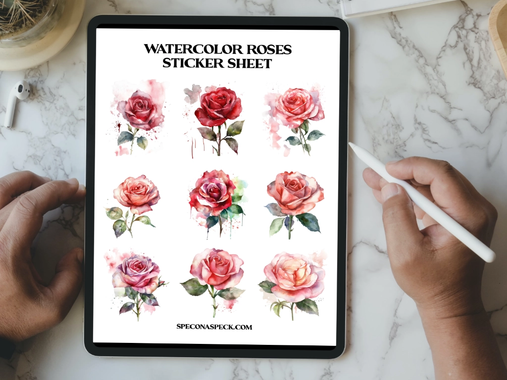 watercolor roses on an iPad with two hands holding an Apple Pencil