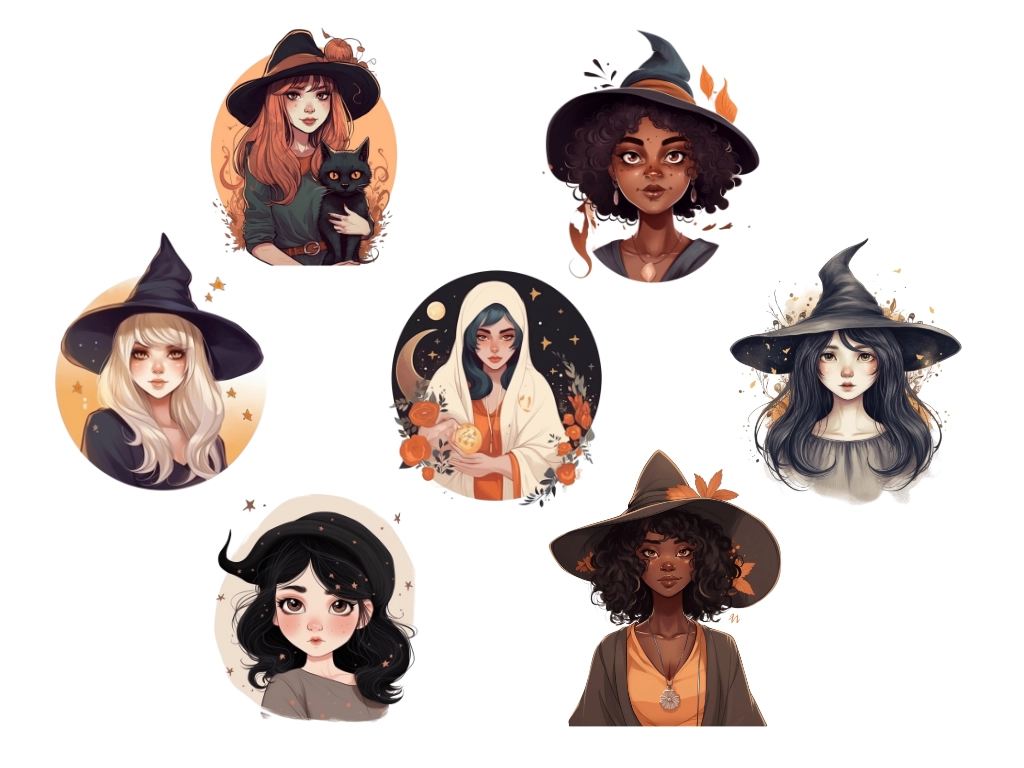 7 PNG images of beautiful witches for the witch clipart set