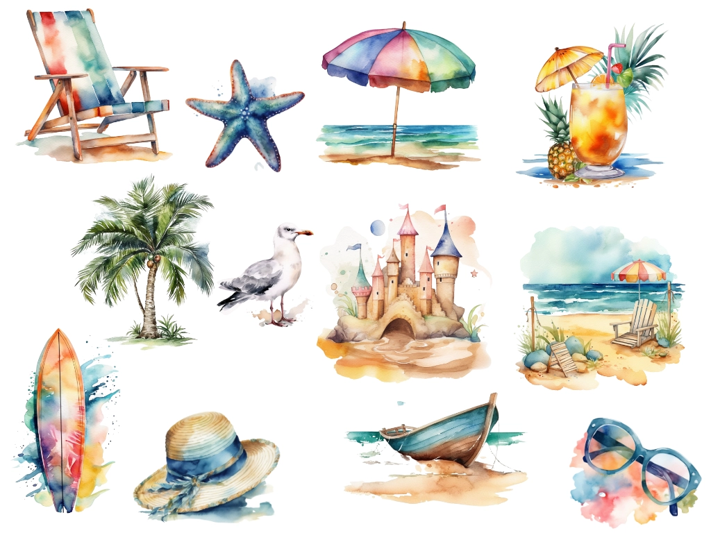 various beach themed clipart images such as a beach chair, surf board, beach drink, and sunglasses