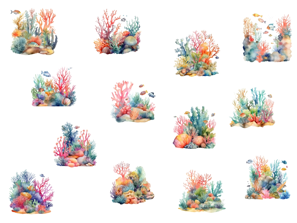 13 Watercolor coral reef clipart