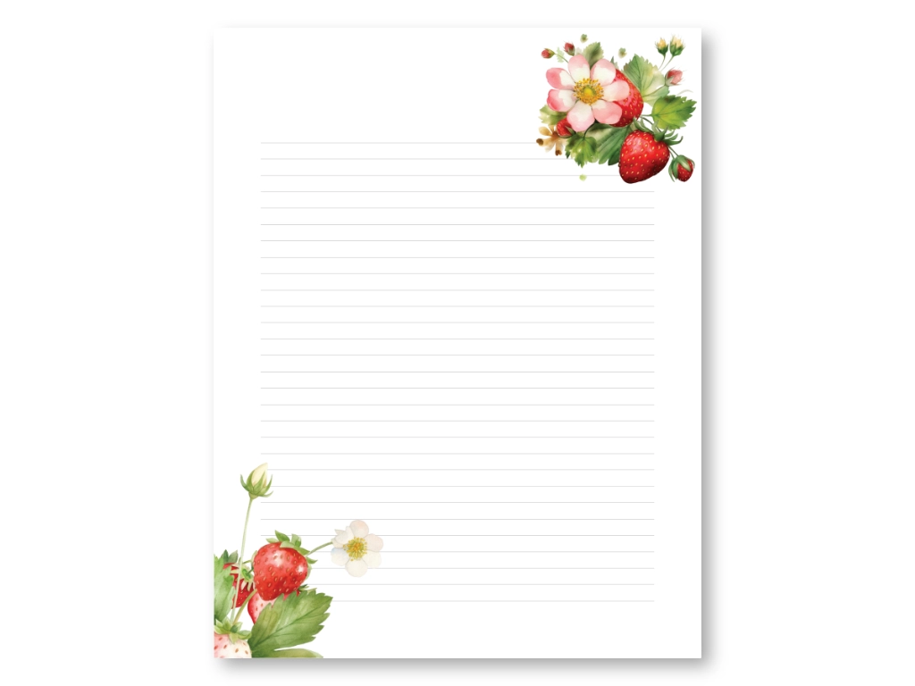 strawberry lined paper printable with strawberry clipart in the corners