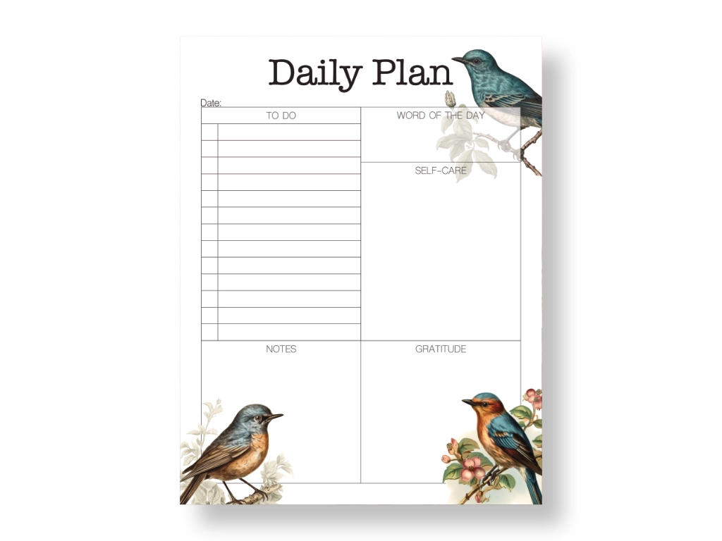 daily planner printable with 3 birds in three of the four corners of the page with other daily input sections