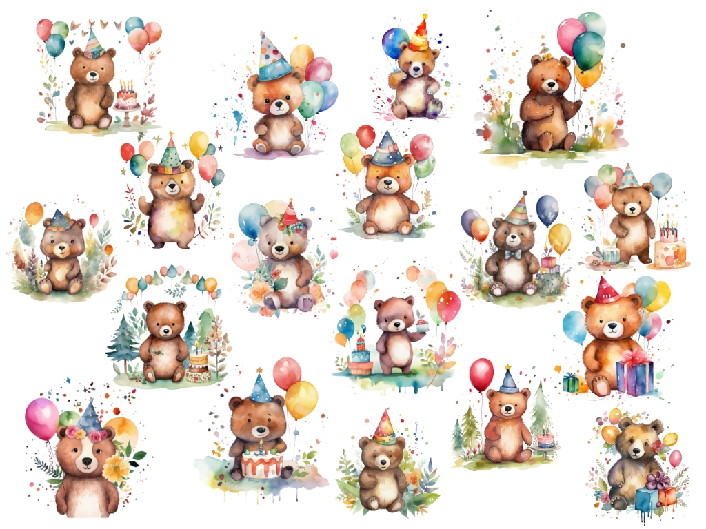 birthday bears clipart with birthday hats and cake