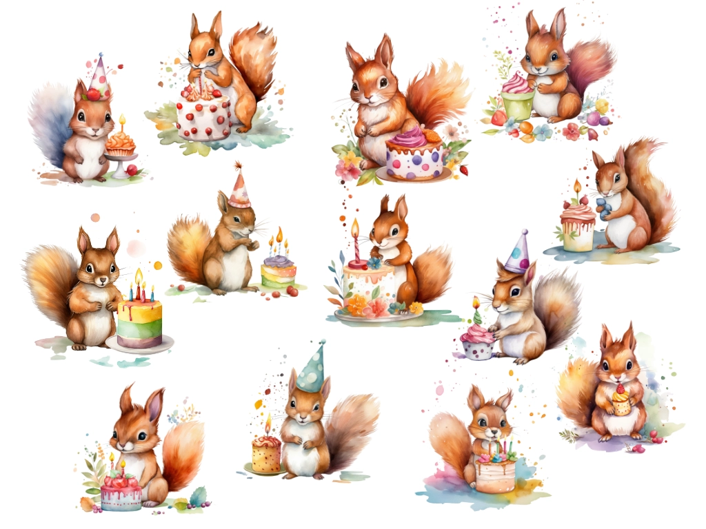 watercolor woodland squirrels in birthday attire with cakes and birthday hats