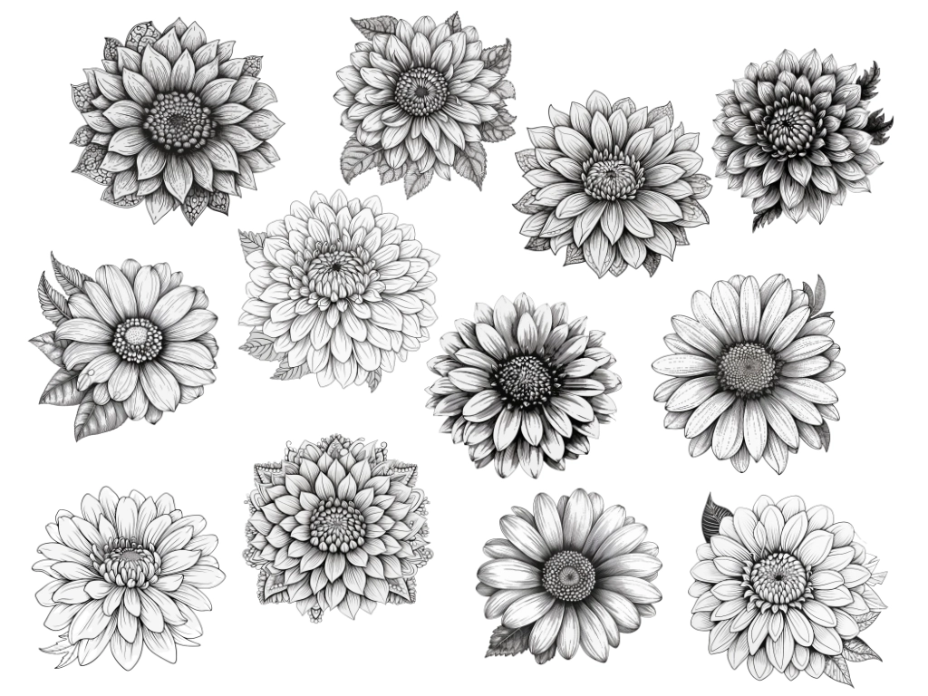 12 black and white flower clipart images randomly placed