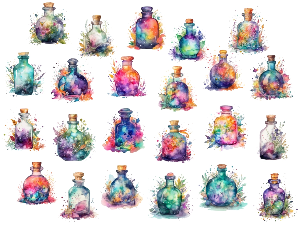 23 magic potions clipart images arranged randomly