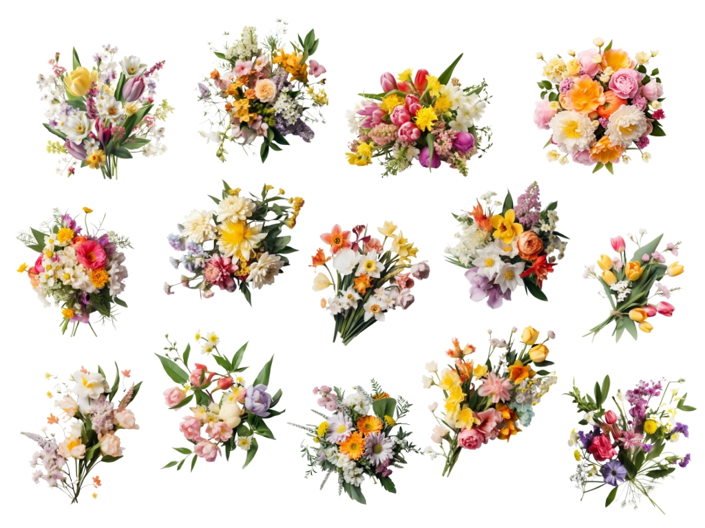 spring flowers clipart arranged on a blank white background