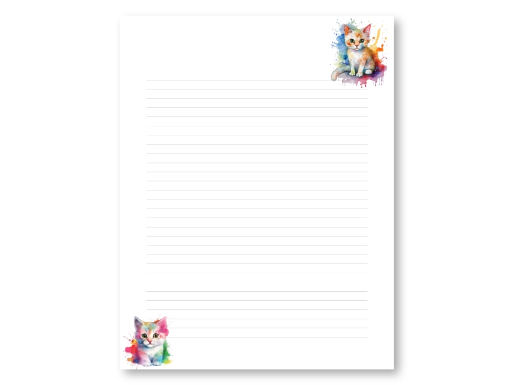 lined paper printable with two watercolor kitty cats
