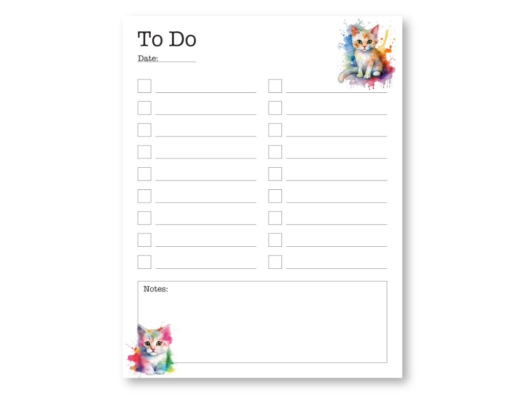 printable to do list with watercolor cats in the corners