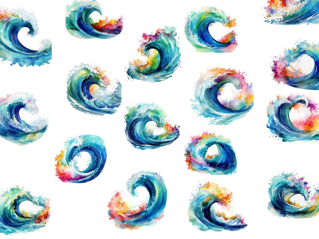 17 different ocean waves clipart spread across the page