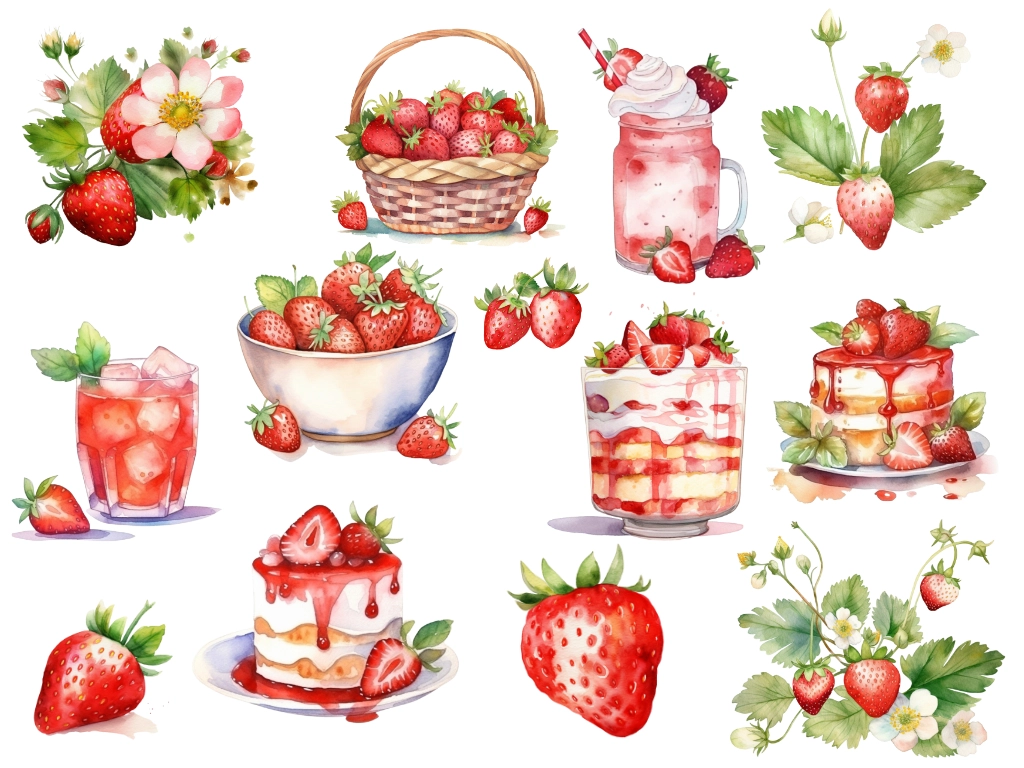 13 strawberry clipart images arranged on the page with desserts, drinks, and strawberry plants and flowers