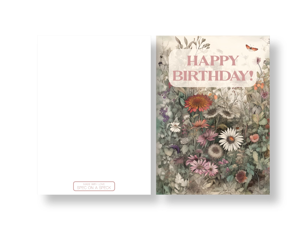 birthday card printable with wildflowers on the front with the words happy birthday written
