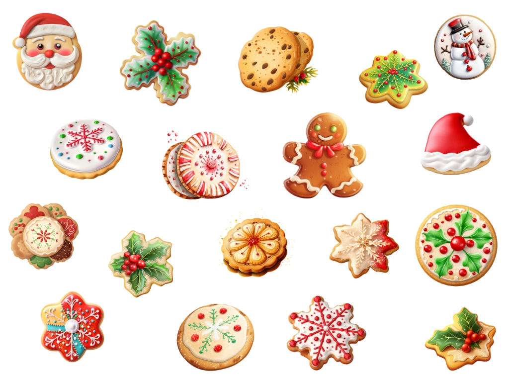 18 different christmas cookie clipart images like a snowman, Santa, snowflakes, and more