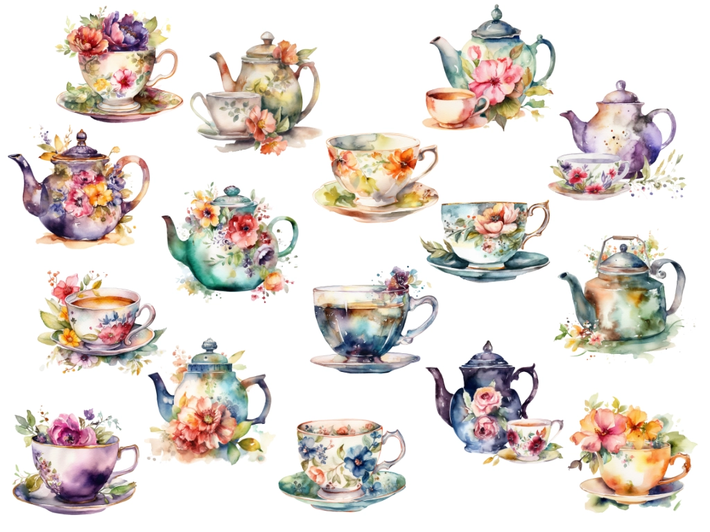 16 floral tea clipart images including tea cups and tea pots