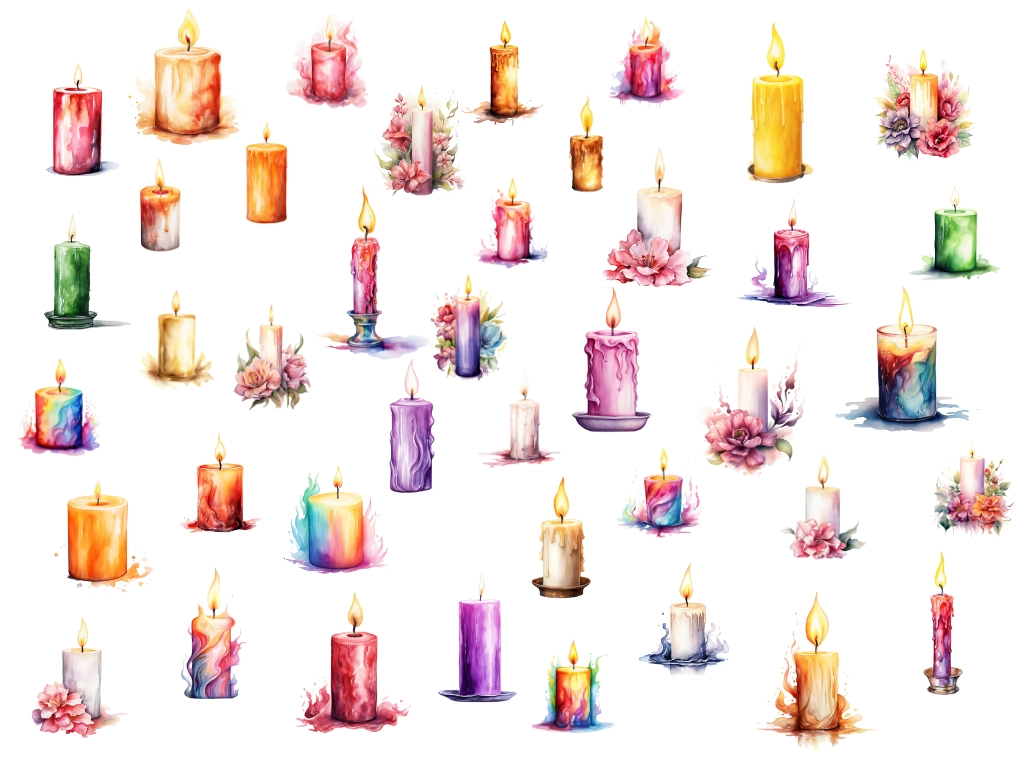 41 different burning candle clipart images in various colors and designs