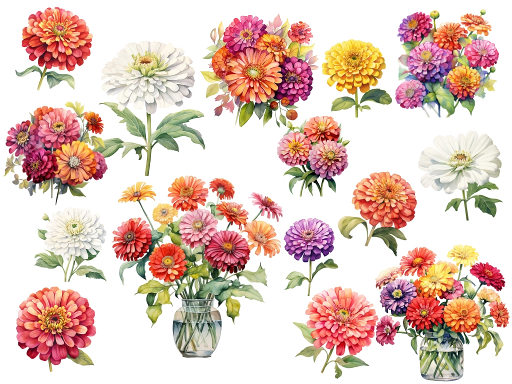15 zinnia clipart flowers in different styles and colors