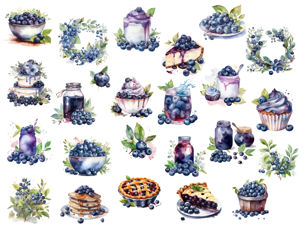 24 various blueberry clipart images with blueberry plants, blueberry desserts, and drinks