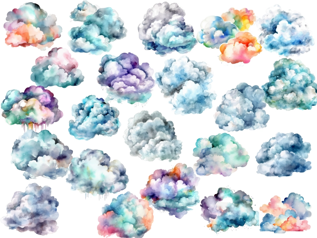 22 watercolor cloud images in different colors