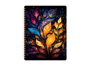orange, blue, and pink illuminated leaves on the cover of a digital notebook for Goodnotes and notability