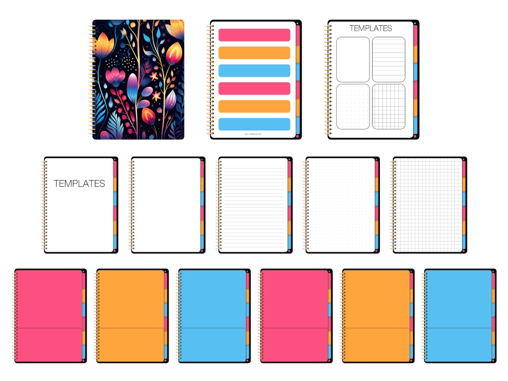 Goodnotes pages including goodnotes notebook cover, index pages, and dividers with pink, orange, and blue color
