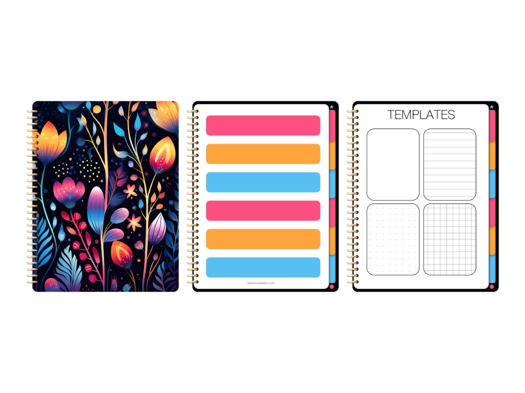 goodnotes notebook cover with floral designs, index page, and template index