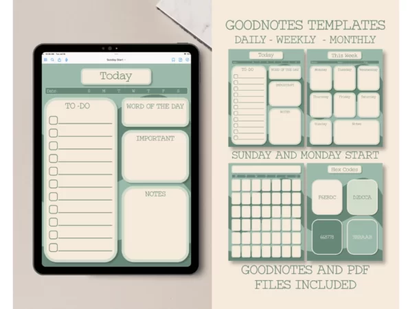 Goodnotes Templates in green and beige, daily template, weekly, and monthly on an iPad