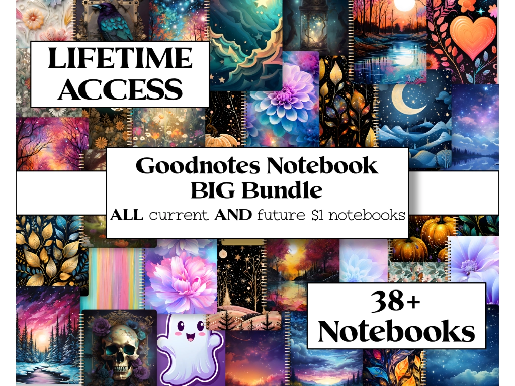 38 Goodnotes notebooks digital notebooks arranged with the words "goodnotes notebook big bundle" and 38+ notebooks