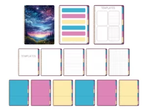 pink, yellow, and blue theme goodnotes notebook with templates inside