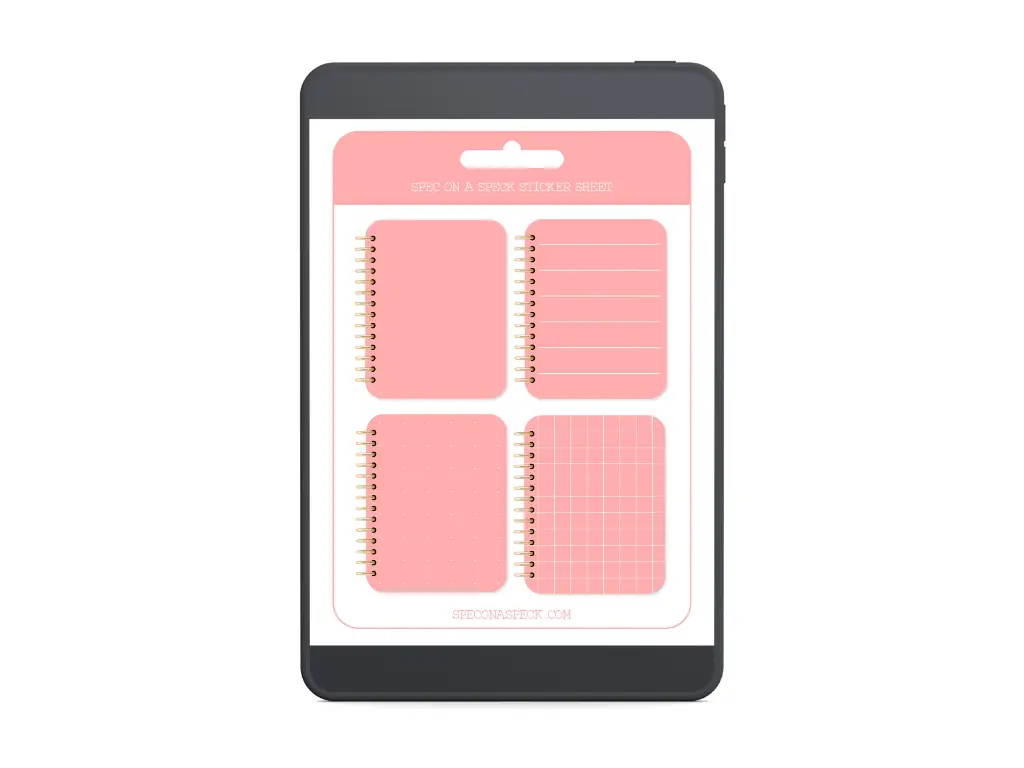 4 mini pink notebook digital stickers on a tablet with blank, lined, dotted, and grid pages in the Goodnotes app