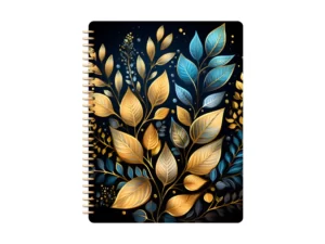 Gold and Blue leaves on the cover of a black Goodnote notebooks