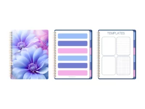 a cover, an index pages, and a templates page of a goodnotes notebook in the colors of pink, blue and purple