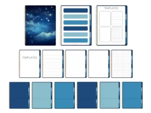 all of the pages of the inside of a blue goodnotes notebook including cover page, index, subject dividers, and goodnotes templates
