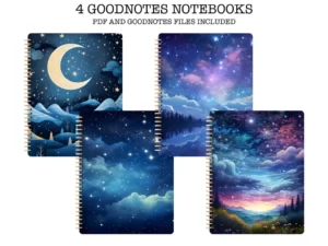 4 night sky Goodnotes Notebooks with starry skies and moons