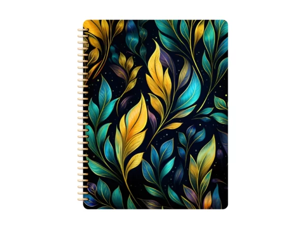 green, gold, and blue wispy leaves on the cover of a digital notebook for goodnotes