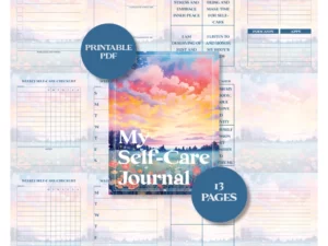 Self care journal planner page with 12 other pages in the background with the words "self care journal 13 pages printable pdf"