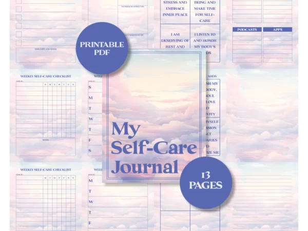 Self-care printable journal cover with other self-care worksheets in the background with the words "My Self-Care Journal" on the front
