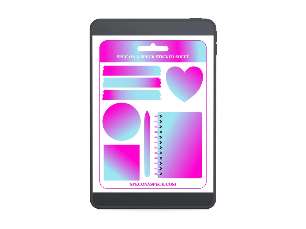 gradient goodnotes stickers in blue and pink and shapes like wash tape heart circle square and open on a tablet for goodnotes
