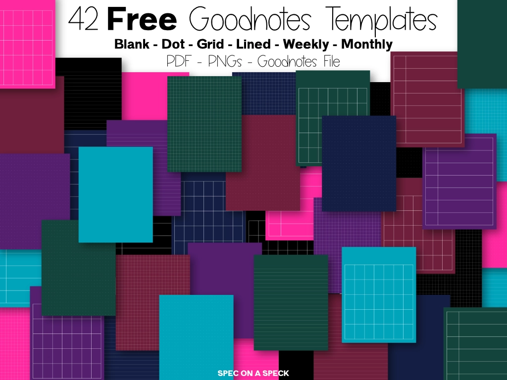 42 free Goodnotes templates in 6 different colors and 6 different template styles arranged on the page