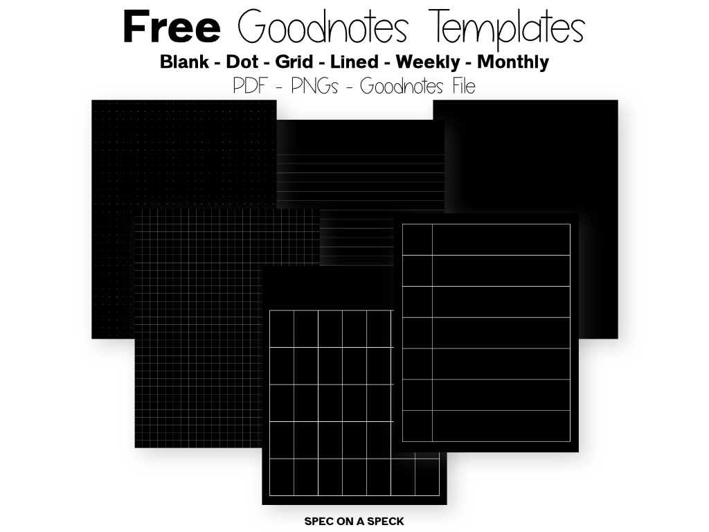 black goodnotes templates on a white background with the words "Free Goodnotes Templates" at the top