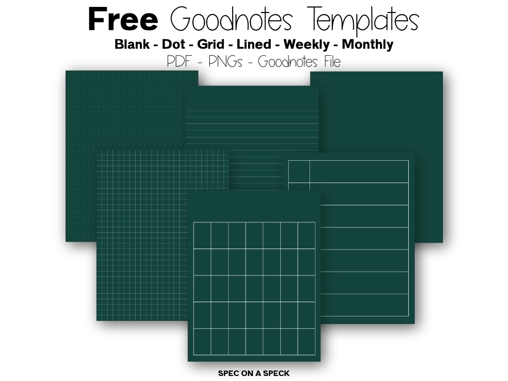 6 green goodnotes templates arranged on the page with he words free Goodnotes templates at the top