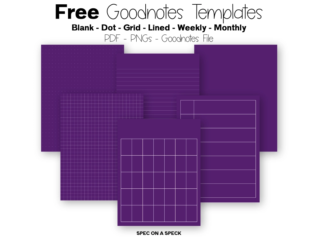 purple Goodnotes templates with a blank page, lined page, dotted page, and grid page