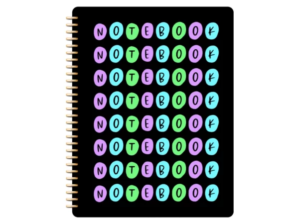 black goodnotes notebook with the words notebook on the front in colorful circle letters