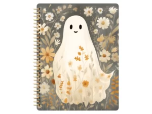 ghost on the cover of a goodnotes notebook surround with flowers