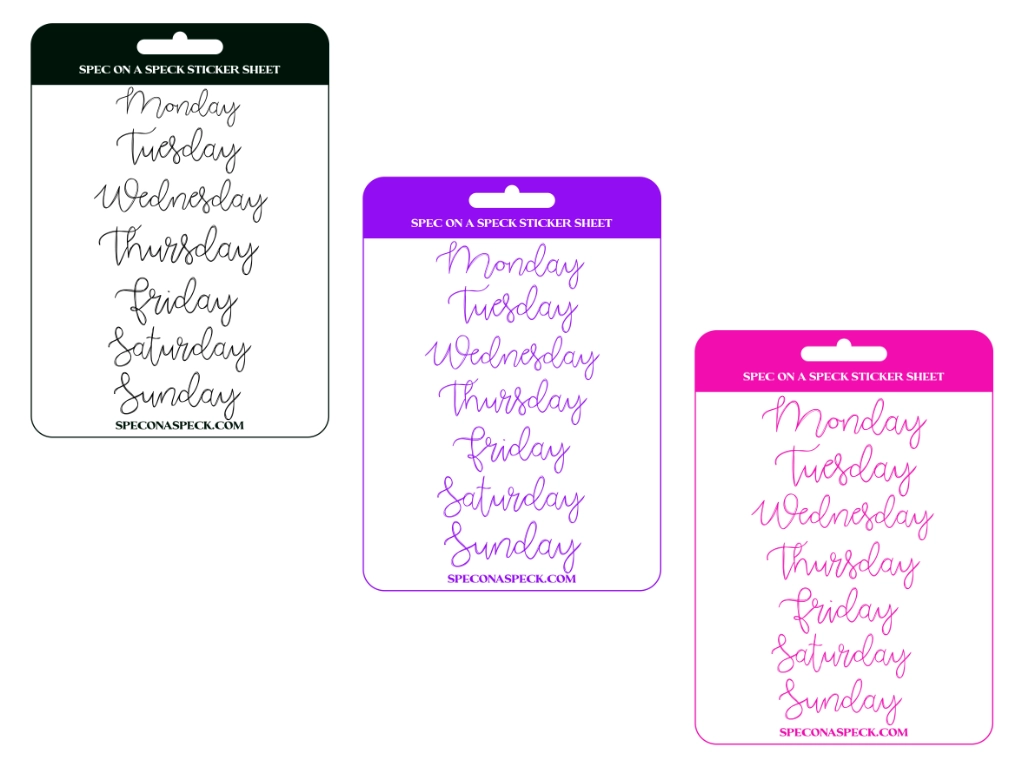 Free Days of the Week Goodnotes Stickers in purple, black, and pink colors