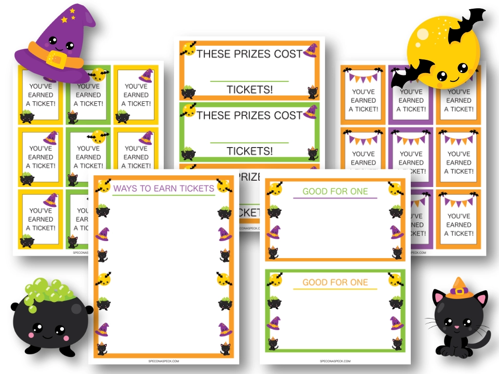 5 pages of a free halloween reward tickets printable system with cartoon halloween characters